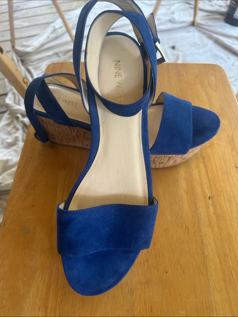 Nine West Royal Blue Suede Cork Wedge Sandals